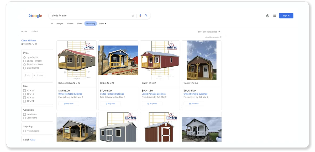 Shed listings appearing in the Google Shopping tab of a Google search