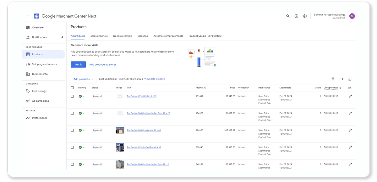 Shed Suite live product feed syncing inventory details to Google Merchant Center