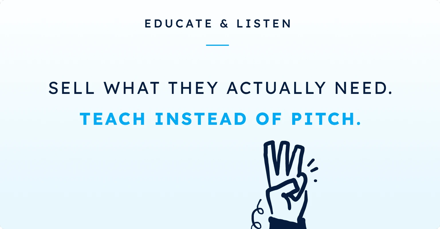 Educate and listen: sell what they actually need. Teach instead of pitch.