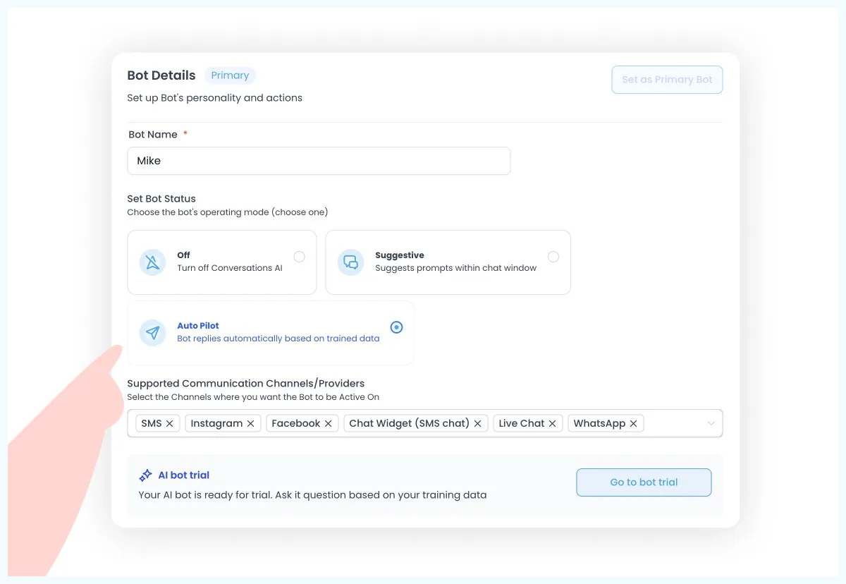 Autopilot settings for the AI bot in Shed Suite CRM