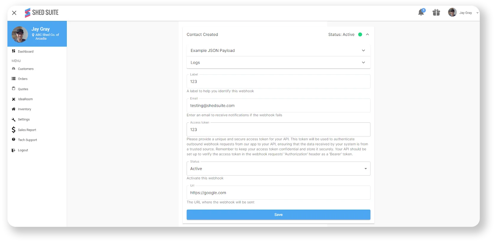 Webhook event subscription options in Shed Suite dealer settings