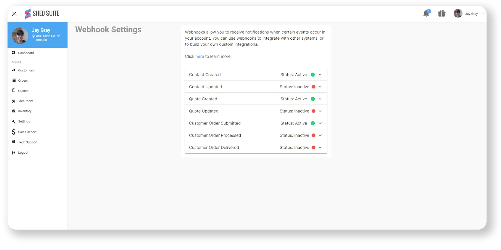Other dealer settings section in the Shed Suite manage dealers menu