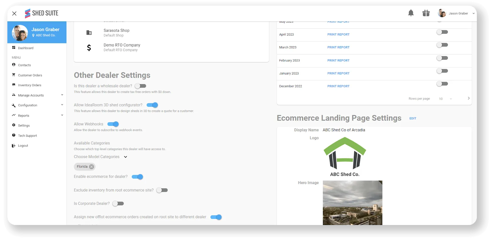 Shed Suite admin dashboard toggle enabling Webhooks for a dealer
