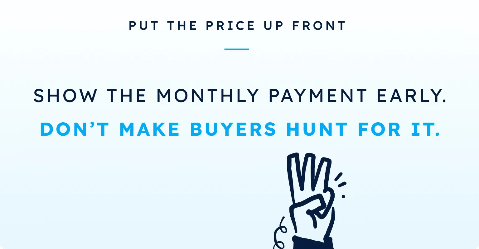 PUT THE PRICE UP FRONT / SHOW THE MONTHLY PAYMENT EARLY. / DON’T MAKE BUYERS HUNT FOR IT.