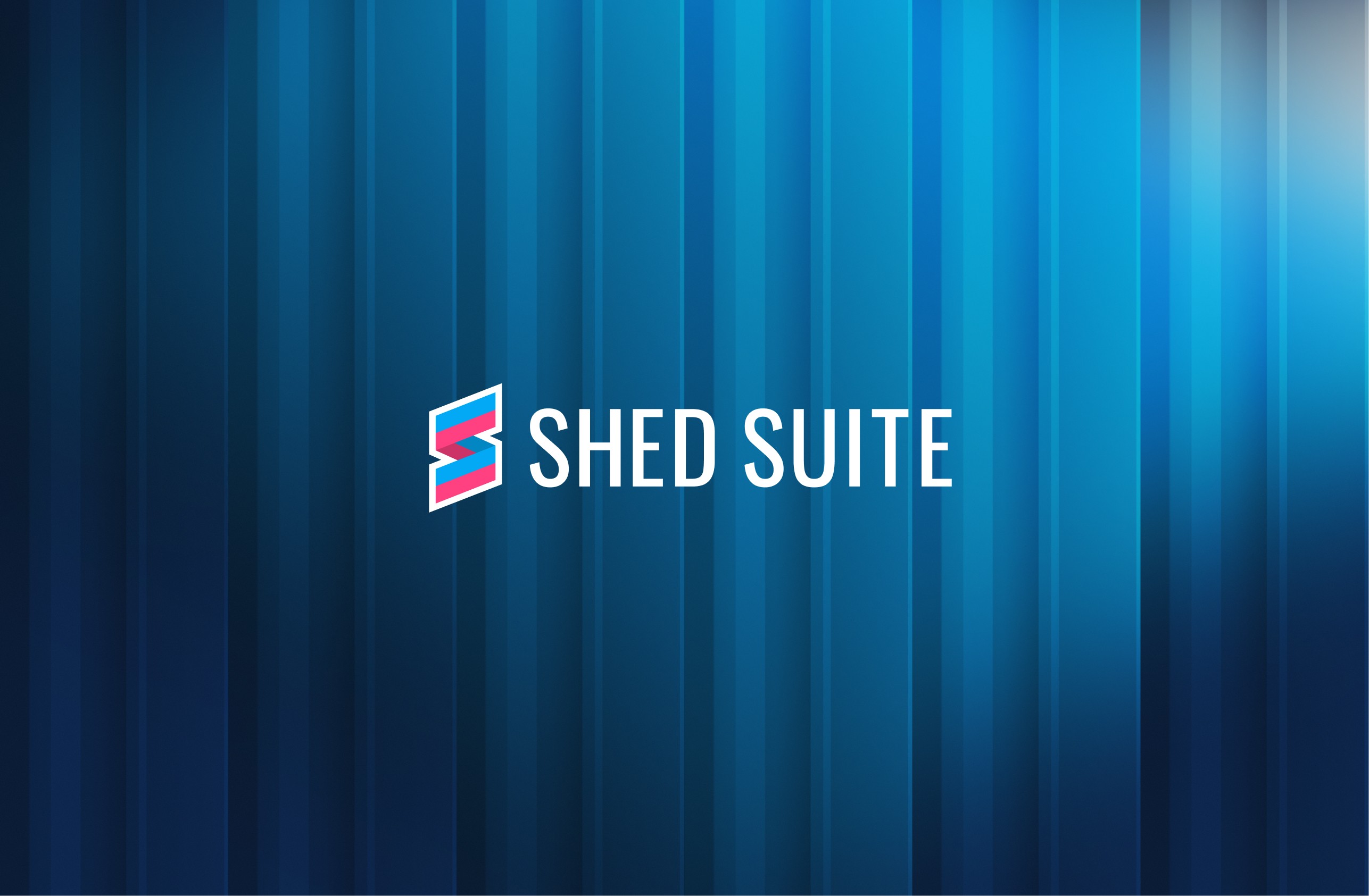 Shed Suite logo over blue shed siding