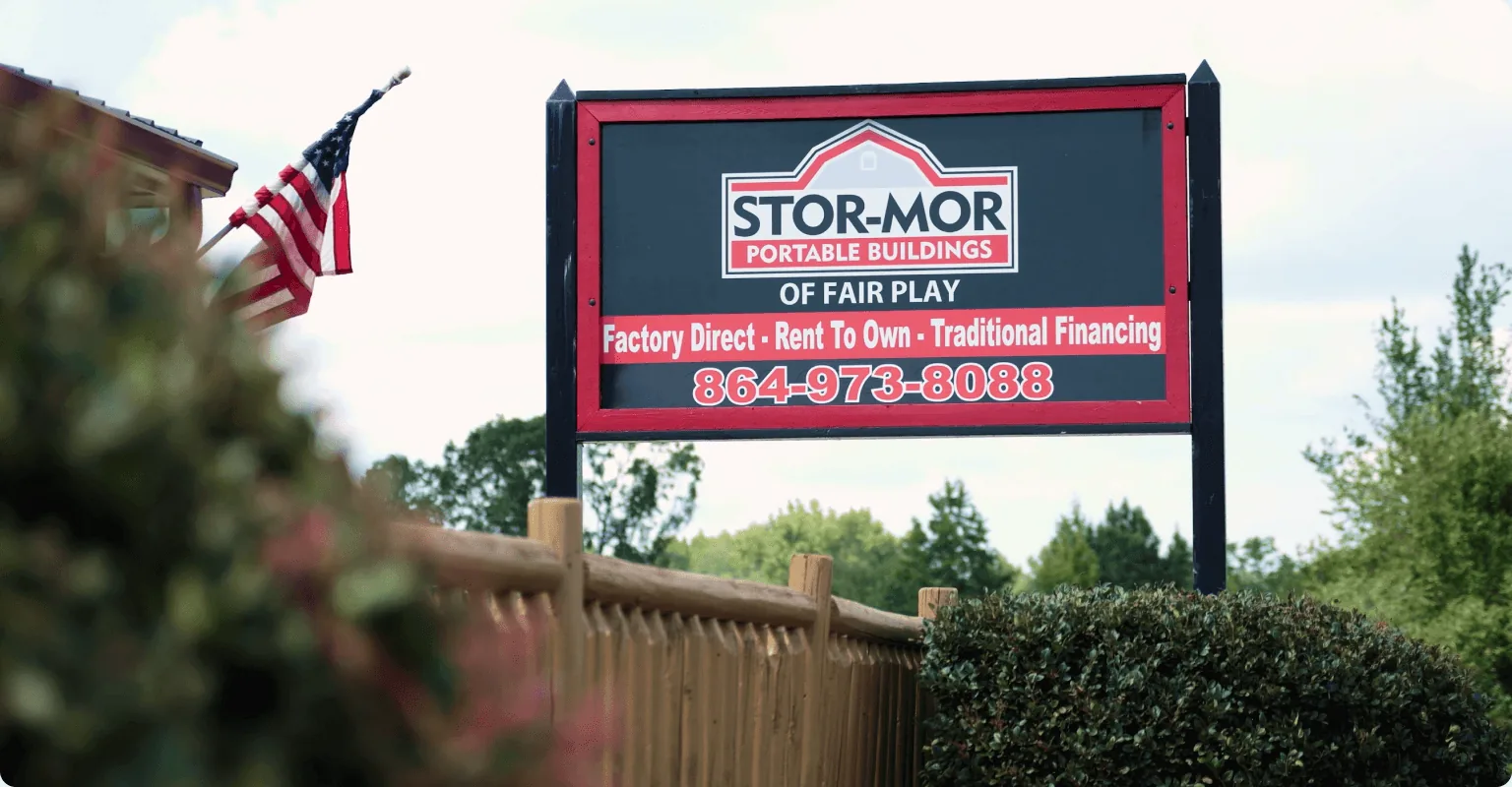 Stor-Mor Portable Buildings roadside sign in Fair Play