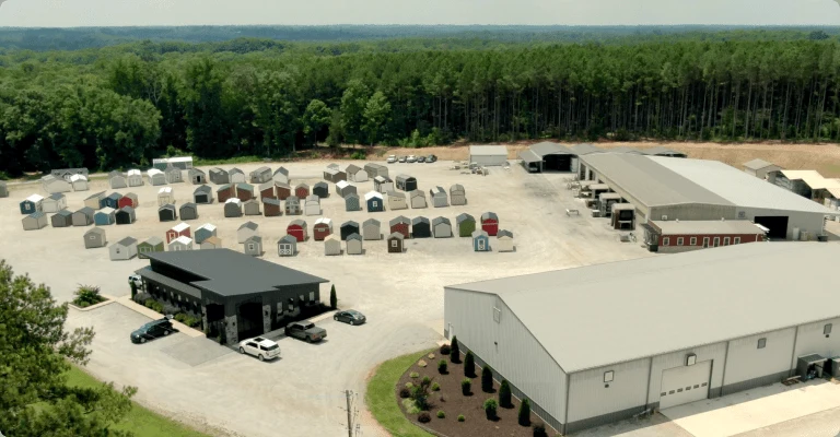Aerial view of the Westwood Sheds plant and sales lot in Due West, South Carolina